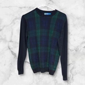 82 Zero cotton navy blue and Green Plaid Crewneck Sweater boys sz M